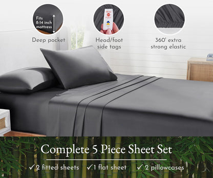 Rayon from Bamboo Sheets Split King Size Sheet Set for Adjustable Bed, Includes Twin Deep Pocket Fitted Sheets, Soft & Cooling Grey Sheets (Split King, Grey)